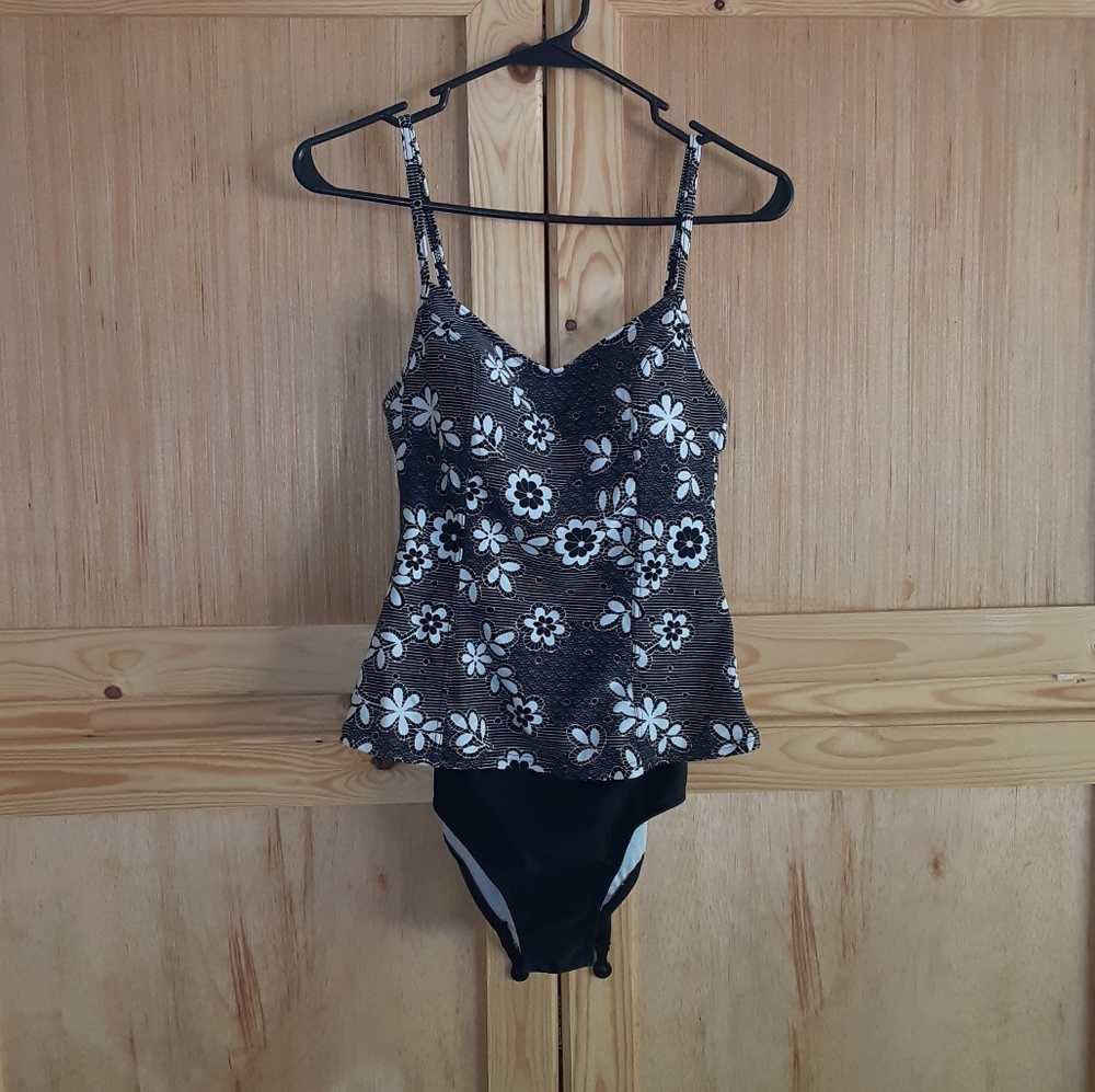 Island Love black/floral one piece bathing swim suit size S